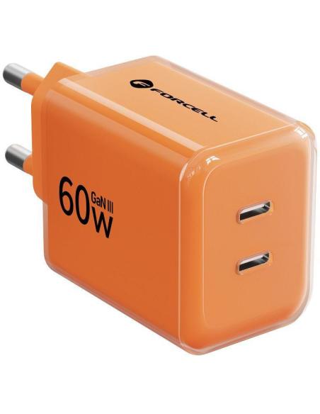 Ładowarka sieciowa Forcell F-Energy GaN III VT-60 60W PD QC 4.0+ 2x USB-C pomarańczowa + kabel USB-C