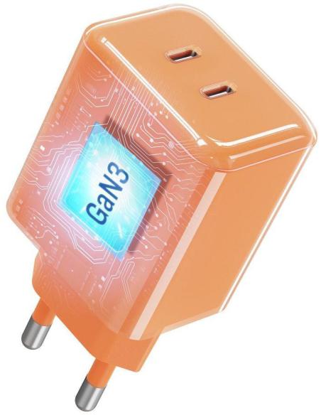 Ładowarka sieciowa Forcell F-Energy GaN III VT-60 60W PD QC 4.0+ 2x USB-C pomarańczowa + kabel USB-C