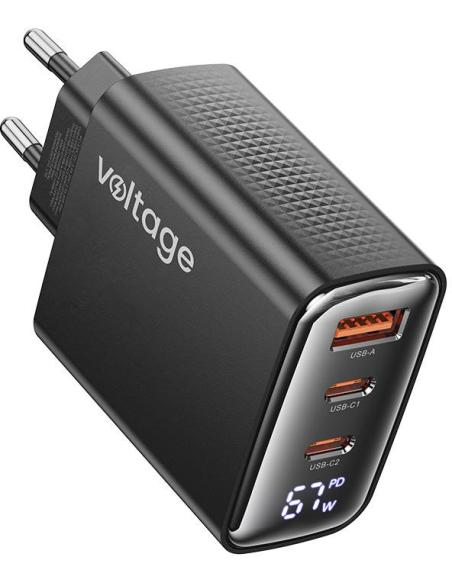 Ładowarka sieciowa Voltage GaN Charger 67W PD 3.0 QC 4.0 USB-A 2x USB-C Digital Display czarna
