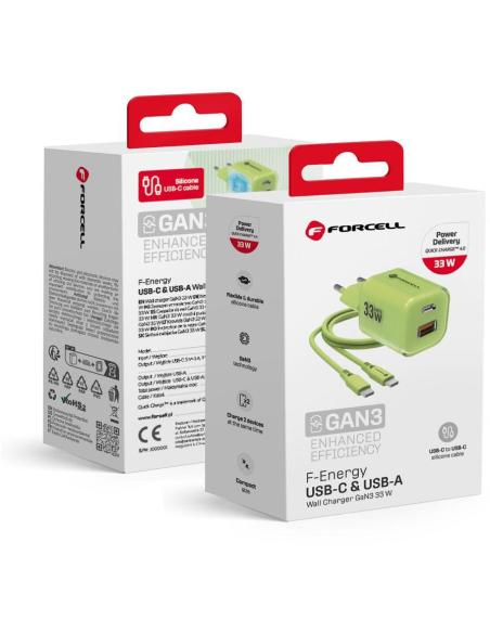 ŁADOWARKA SIECIOWA Forcell F-Energy GaN III VT-41 33 W 1x USB-C 1x USB-A PD 3.0 QC 4.0 ZIELONA